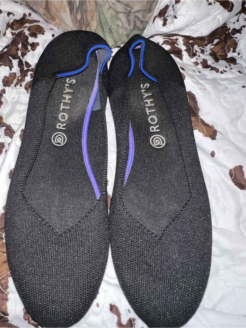 Rothy's Black Ballet Flats with Blue and Purple Trim